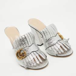 Gucci Silver Foil Leather GG Marmont Fringe Details Open Toe Sandals Size 38