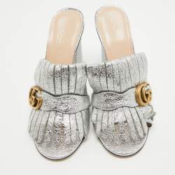 Gucci Silver Foil Leather GG Marmont Fringe Details Open Toe Sandals Size 38