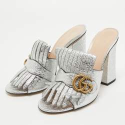 Gucci Silver Foil Leather GG Marmont Fringe Details Open Toe Sandals Size 38