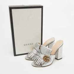 Gucci Silver Foil Leather GG Marmont Fringe Details Open Toe Sandals Size 38