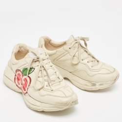 Pre Owned Gucci Cream Leather GG Apple Rhyton Sneakers Size 39