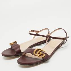 Gucci Burgundy Leather GG Marmont Ankle Strap Flat Sandals Size 35