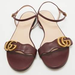 Gucci Burgundy Leather GG Marmont Ankle Strap Flat Sandals Size 35