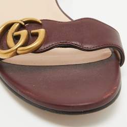 Gucci Burgundy Leather GG Marmont Ankle Strap Flat Sandals Size 35
