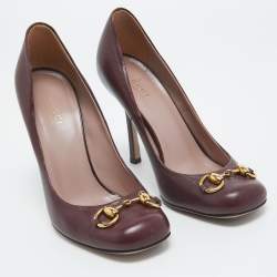 Pre Owned Gucci Burgundy Leather Horsebit Square Toe Pumps Size 36