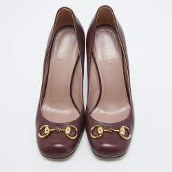 Pre Owned Gucci Burgundy Leather Horsebit Square Toe Pumps Size 36