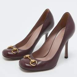 Pre Owned Gucci Burgundy Leather Horsebit Square Toe Pumps Size 36