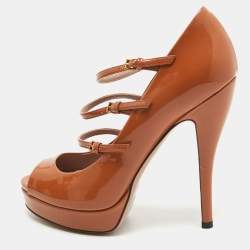 Gucci Brown Patent Leather Lisbeth Open Toe Pumps Size 38.5