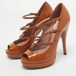 Gucci Brown Patent Leather Lisbeth Open Toe Pumps Size 38.5