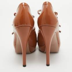 Gucci Brown Patent Leather Lisbeth Open Toe Pumps Size 38.5