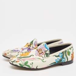 Gucci White Floral Canvas Jordaan Horsebit Slip On Loafers Size 35