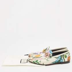 Gucci White Floral Canvas Jordaan Horsebit Slip On Loafers Size 35