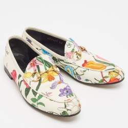 Gucci White Floral Canvas Jordaan Horsebit Slip On Loafers Size 35