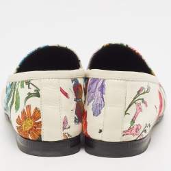 Gucci White Floral Canvas Jordaan Horsebit Slip On Loafers Size 35