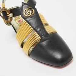 Pre Owned Gucci Black/Gold Leather Gea Pumps Size 38.5