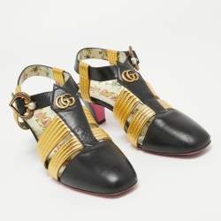 Pre Owned Gucci Black/Gold Leather Gea Pumps Size 38.5