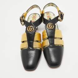 Pre Owned Gucci Black/Gold Leather Gea Pumps Size 38.5