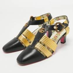 Pre Owned Gucci Black/Gold Leather Gea Pumps Size 38.5