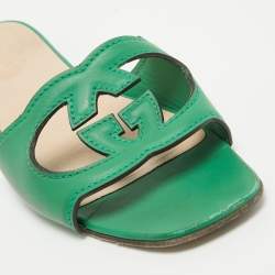 Gucci Green Leather GG Flat Slides Size 39.5