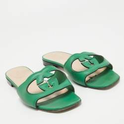 Gucci Green Leather GG Flat Slides Size 39.5
