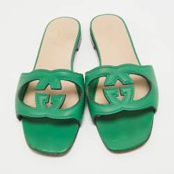 Gucci Green Leather GG Flat Slides Size 39.5