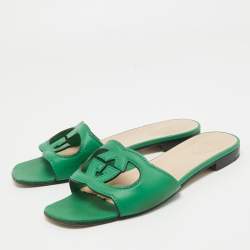 Gucci Green Leather GG Flat Slides Size 39.5
