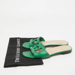 Gucci Green Leather GG Flat Slides Size 39.5