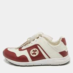 Pre Owned Gucci Dark Red/White Leather Interlocking G Low Top Sneakers Size 37