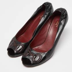 Gucci Black Leather Horsebit Peep Toe Pumps Size 39.5