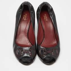 Gucci Black Leather Horsebit Peep Toe Pumps Size 39.5
