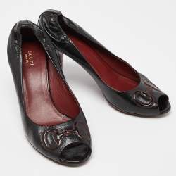 Gucci Black Leather Horsebit Peep Toe Pumps Size 39.5