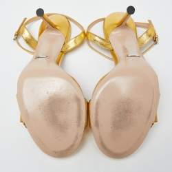 Pre Owned Gucci Gold Leather Ankle Strap Sandals Size 41.5