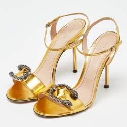 Pre Owned Gucci Gold Leather Ankle Strap Sandals Size 41.5