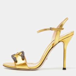 Pre Owned Gucci Gold Leather Ankle Strap Sandals Size 41.5