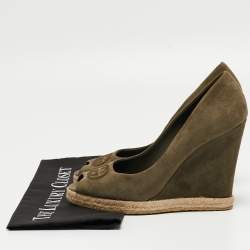 Gucci Green Suede Peep Toe Wedge Pumps Size 40