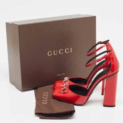 Pre Owned Gucci Red Leather Horsebit Block Heel Ankle Strap Sandals Size 38.5