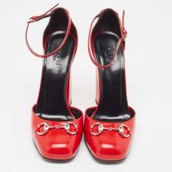 Pre Owned Gucci Red Leather Horsebit Block Heel Ankle Strap Sandals Size 38.5
