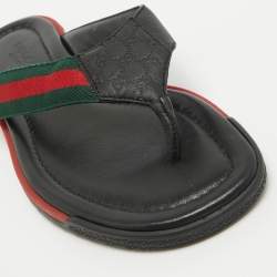 Pre Owned Gucci Black Leather Web Detail Thong Flats Size 36