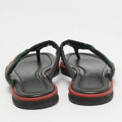 Pre Owned Gucci Black Leather Web Detail Thong Flats Size 36