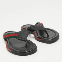 Pre Owned Gucci Black Leather Web Detail Thong Flats Size 36