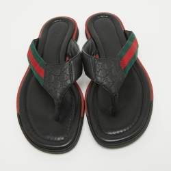 Pre Owned Gucci Black Leather Web Detail Thong Flats Size 36