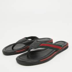 Pre Owned Gucci Black Leather Web Detail Thong Flats Size 36