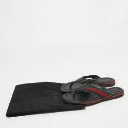 Pre Owned Gucci Black Leather Web Detail Thong Flats Size 36