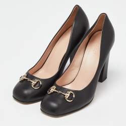 Gucci Black Leather Horsebit Block Heel Pumps Size 38.5
