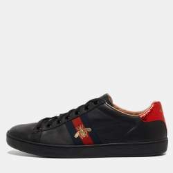Gucci Black Leather Ace Web Bee Low Top Sneakers Size 39.5