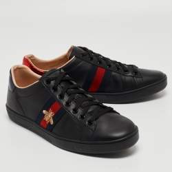 Gucci Black Leather Ace Web Bee Low Top Sneakers Size 39.5