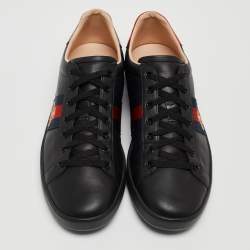 Gucci Black Leather Ace Web Bee Low Top Sneakers Size 39.5