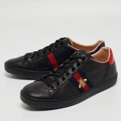 Gucci Black Leather Ace Web Bee Low Top Sneakers Size 39.5