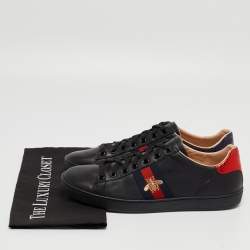 Gucci Black Leather Ace Web Bee Low Top Sneakers Size 39.5