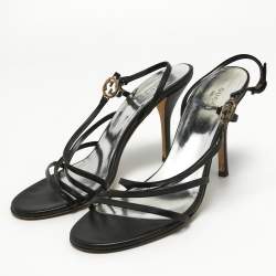 Gucci Black Leather Interlocking G Strappy Slingback Sandals Size 38.5